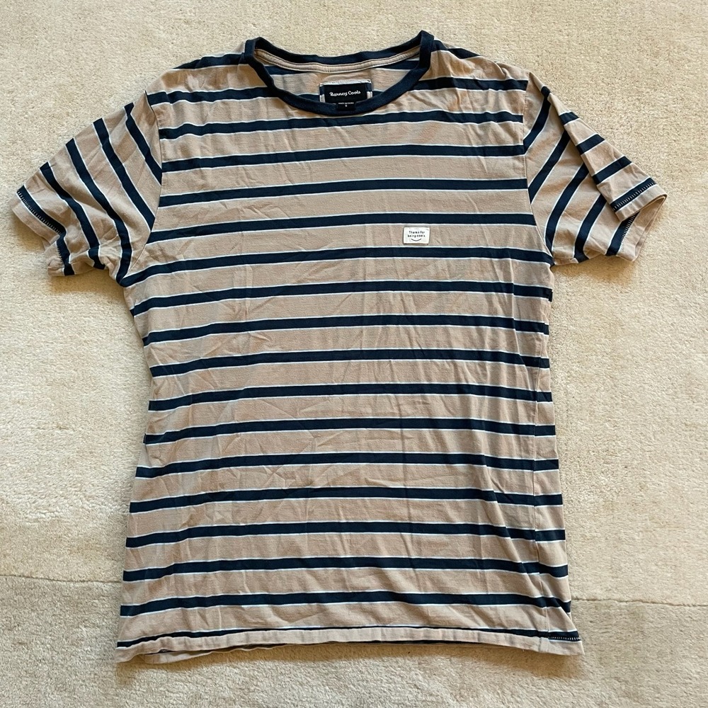 Barney Cools Mens Striped T-Shirt Tan Navy Blue Short Sleeve Crew Neck Small